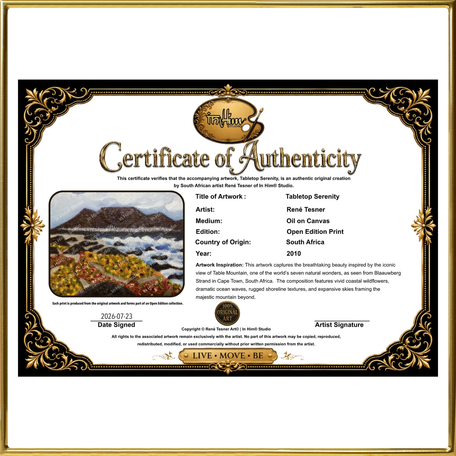 Digital Certificate of Authenticity - Tabletop Serenity by René Tesner - Downloadable COA signed by artist - Website Image - In Him® Studio