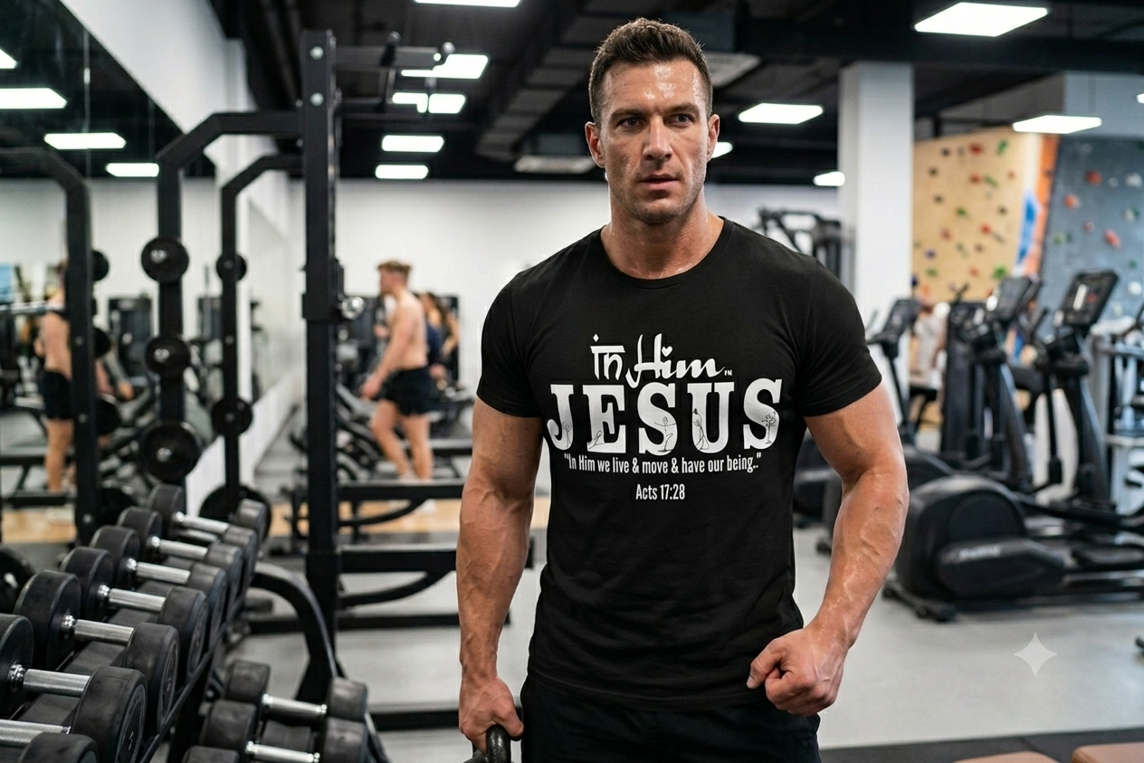 in-him-men's T-Shirt Collection Black T-shirt with white In Him® Jesus design - mockup