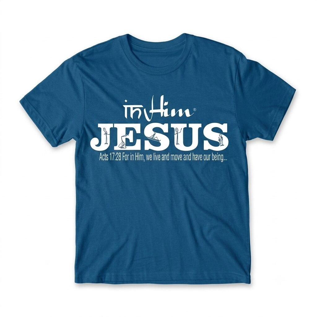 In Him® Premium Mens T-Shirt, White In Him® Jesus Registered Trademarked Design on a Airforce Blue T-Shirt - Round Neck