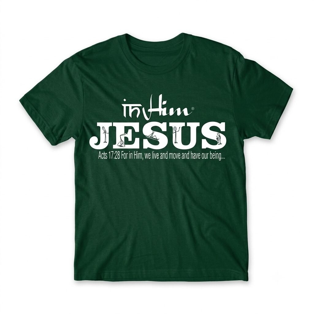 In Him® Premium Mens T-Shirt, White In Him® Jesus Registered Trademarked Design on a Bottle Green T-Shirt - Round Neck