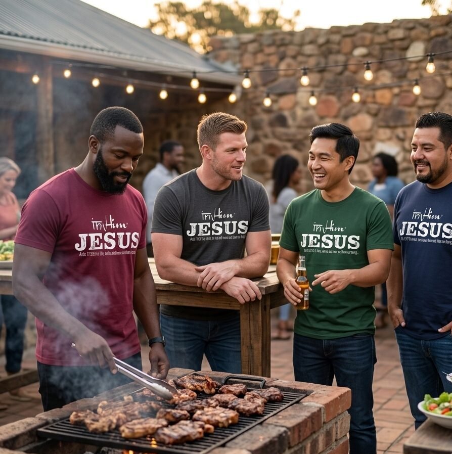 In Him® Premium Mens T-Shirt, White In Him® Jesus Registered Trademarked Design on various colour T-Shirts - Round Neck