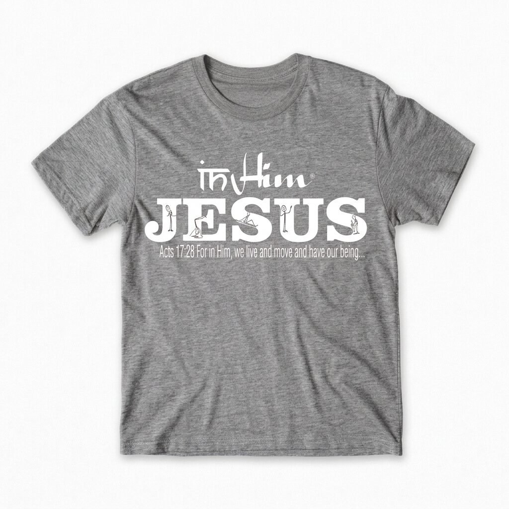 In Him® Premium Mens T-Shirt, White In Him® Jesus Registered Trademarked Design on a Grey T-Shirt - Round Neck