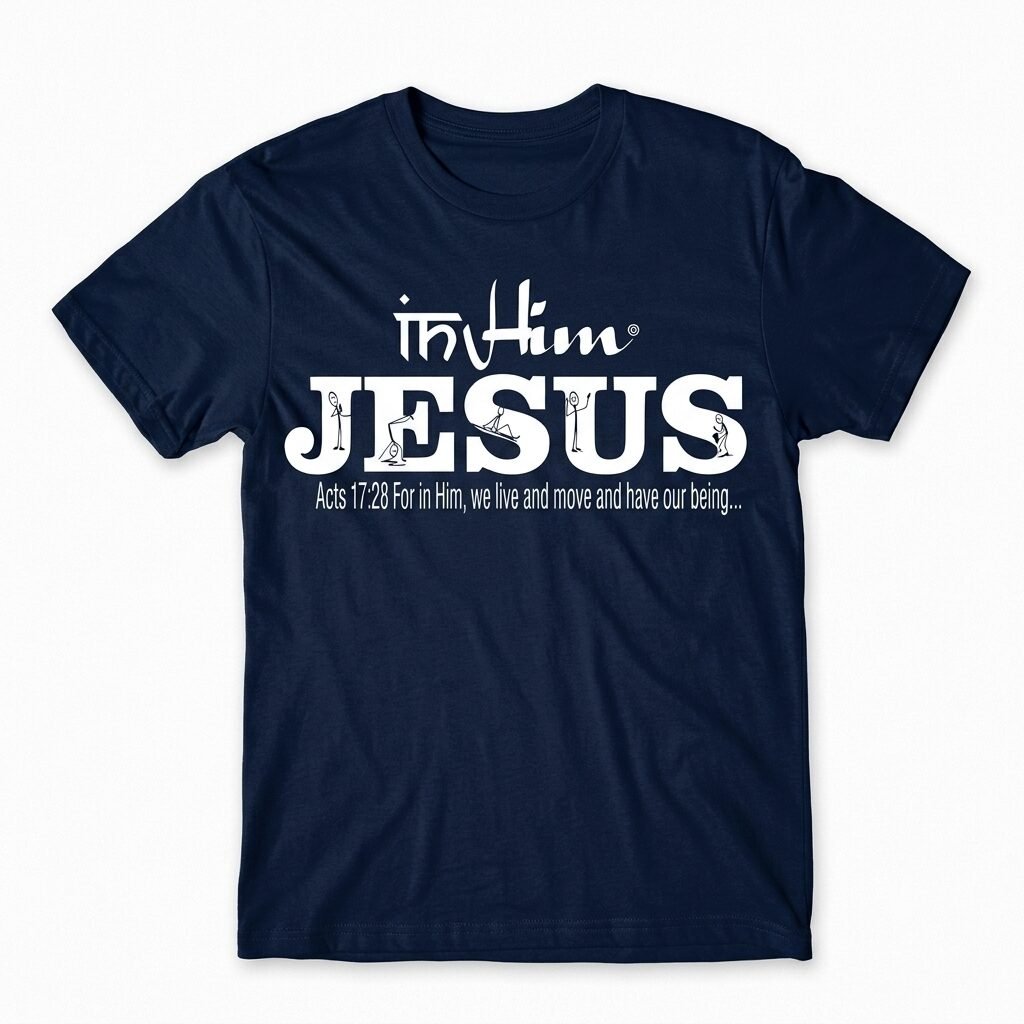 In Him® Premium Mens T-Shirt, White In Him® Jesus Registered Trademarked Design on a Navy T-Shirt - Round Neck