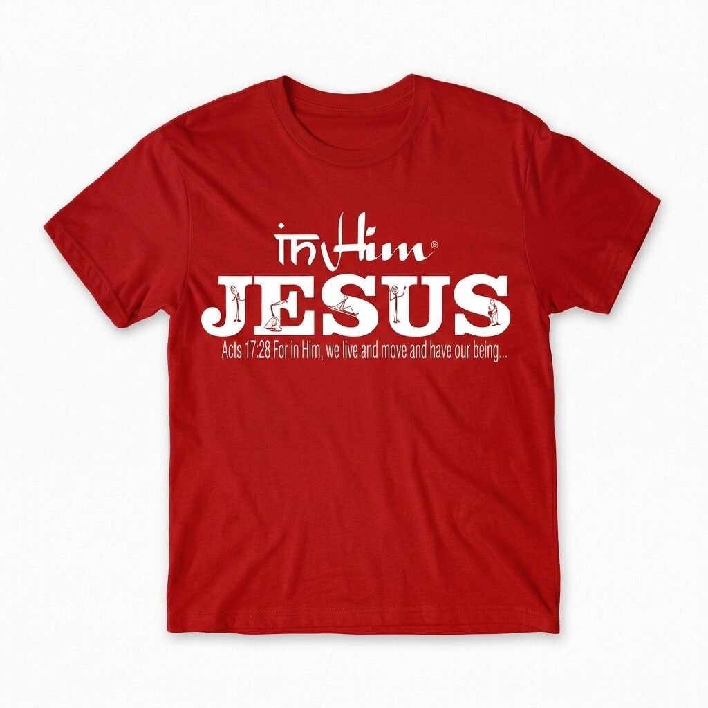 In Him® Premium Mens T-Shirt, White In Him® Jesus Registered Trademarked Design on a Red T-Shirt - Round Neck