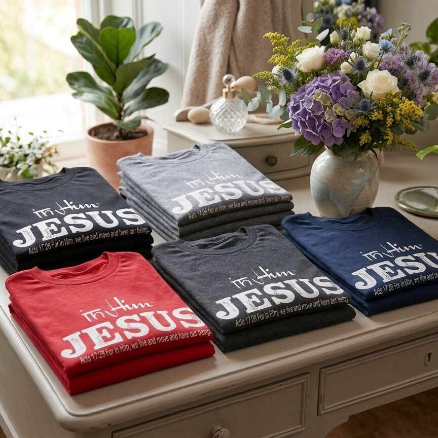 White Signature Collection - In Him® Jesus Registered Trademark | Acts 17:28 Women's Graphic T-Shirt – 165gsm 100% Combed Cotton