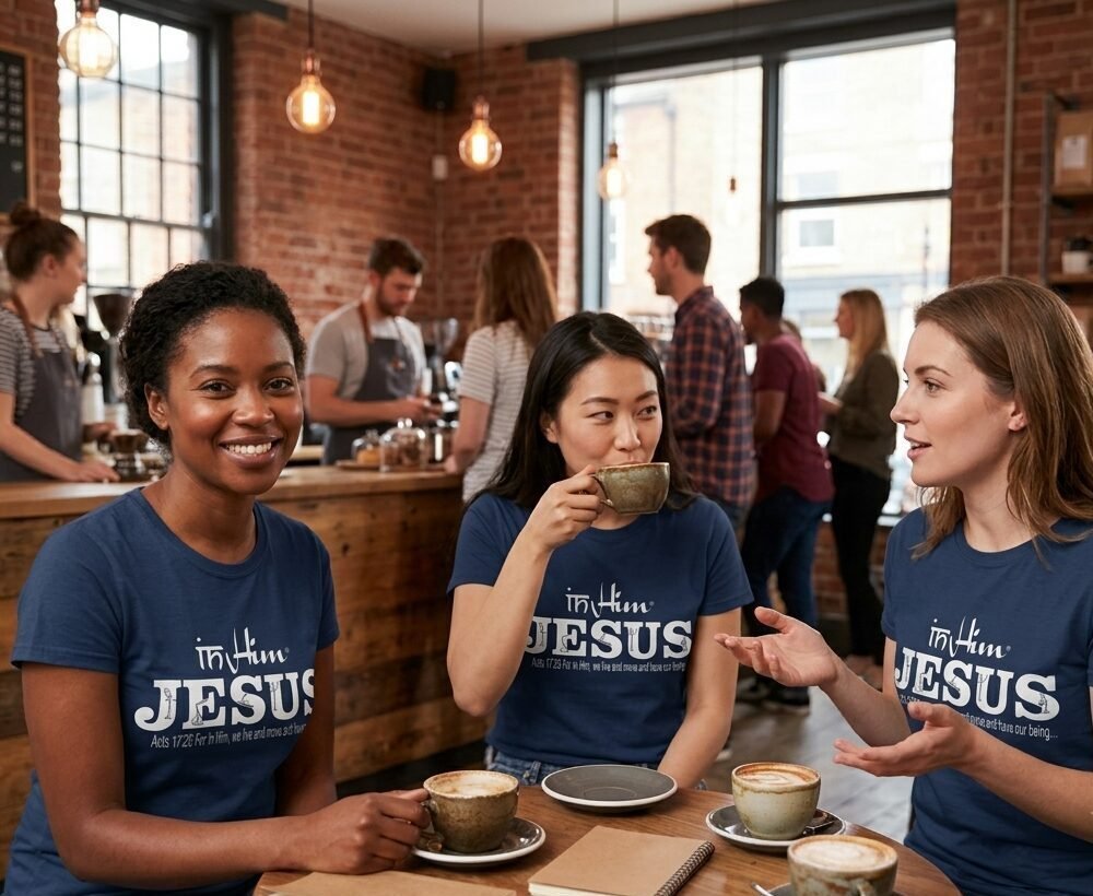 White Signature Collection - In Him® Jesus Registered Trademark | Acts 17:28 Women's Graphic T-Shirt – 165gsm 100% Combed Cotton