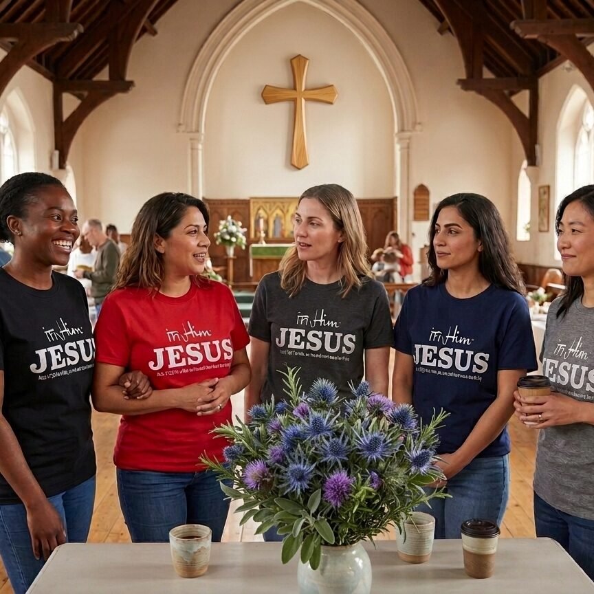 White Signature Collection - In Him® Jesus Registered Trademark | Acts 17:28 Women's Graphic T-Shirt – 165gsm 100% Combed Cotton