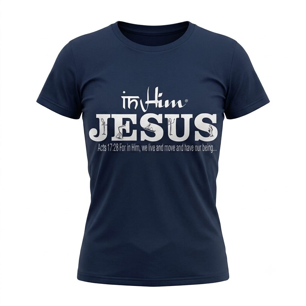In Him® Jesus, Acts17:28, White Registered Trademark Design on a Navy, Round Neck, Woman's Classic T-Shirt