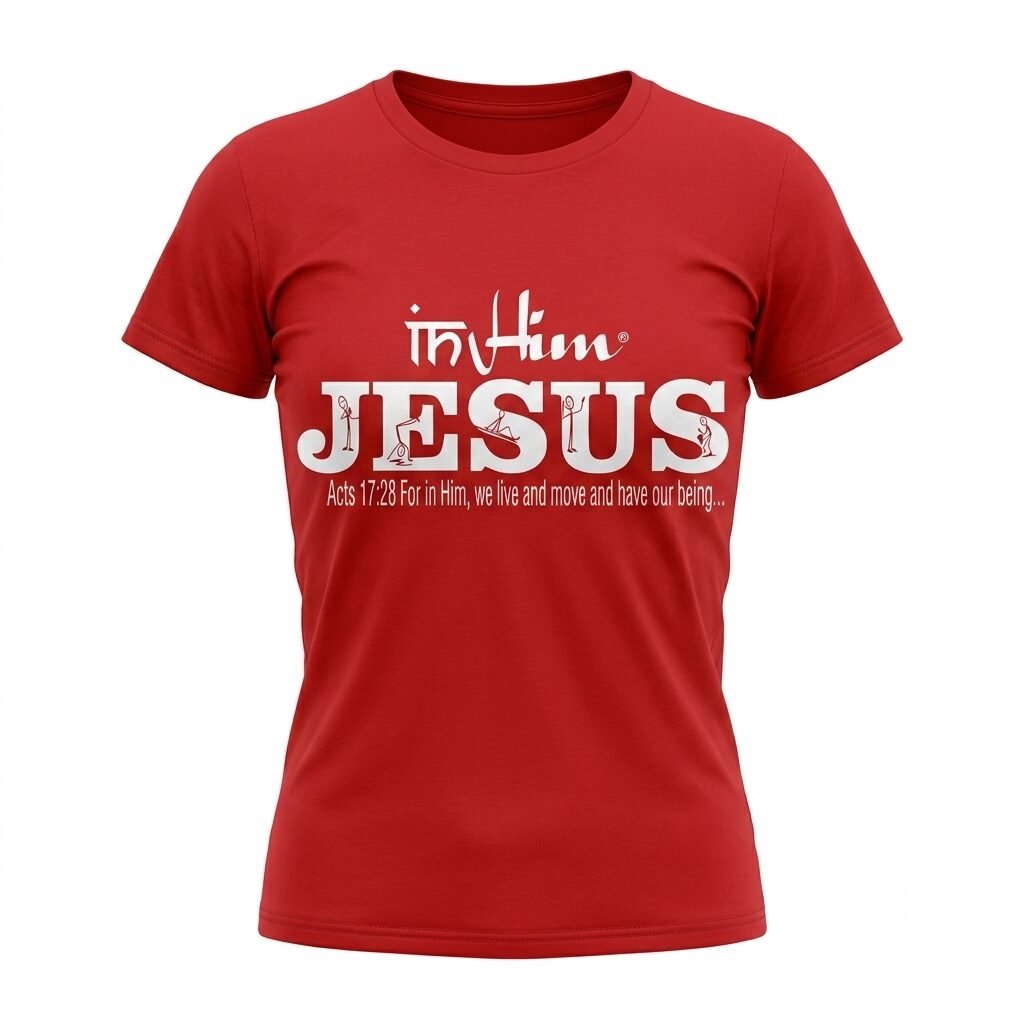In Him® Jesus, Acts17:28, White Registered Trademark Design on a Red, Round Neck, Woman's Classic T-Shirt