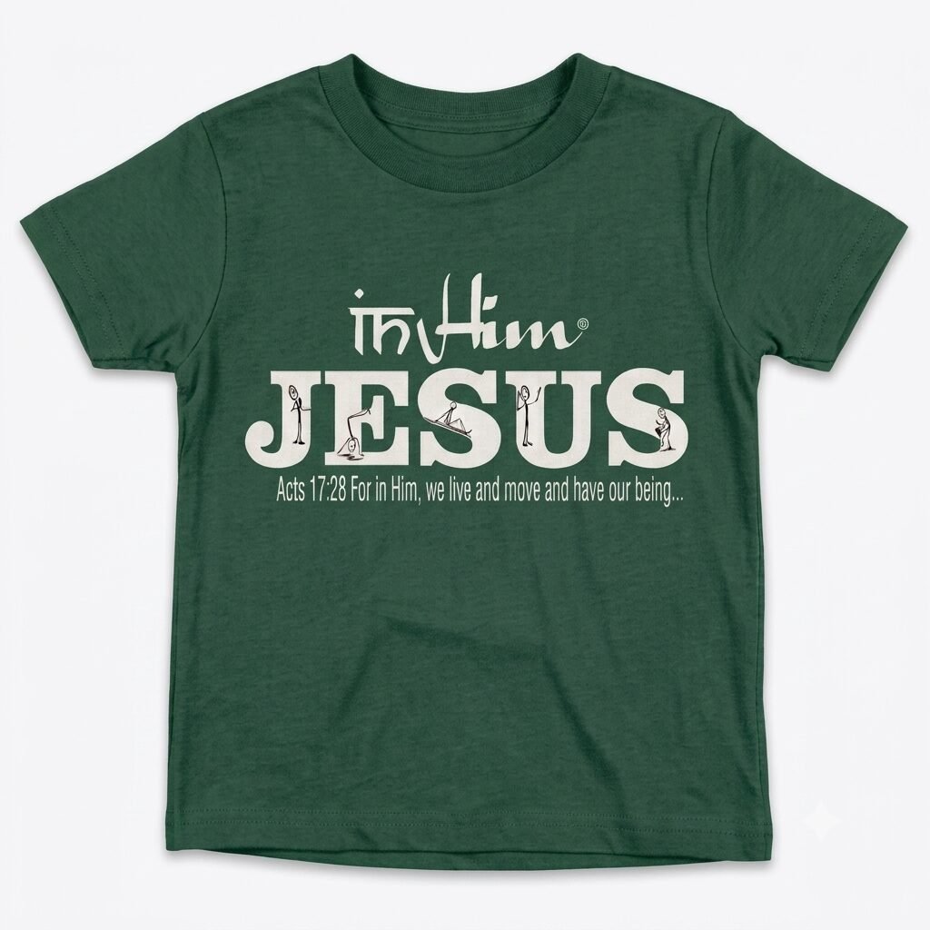 In-Him®-Jesus-Acts17v28-Registered Trademark Design, White-font on Bottle Green-Kids-Promo -T-Shirt-Round-Neck