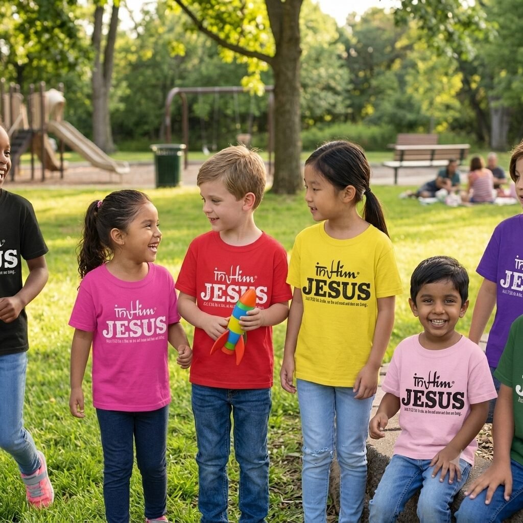 In-Him®-Jesus-Acts17v28-Registered Trademark Design, White-font on various colour-Kids-Promo -T-Shirts-Round-Neck - mockup