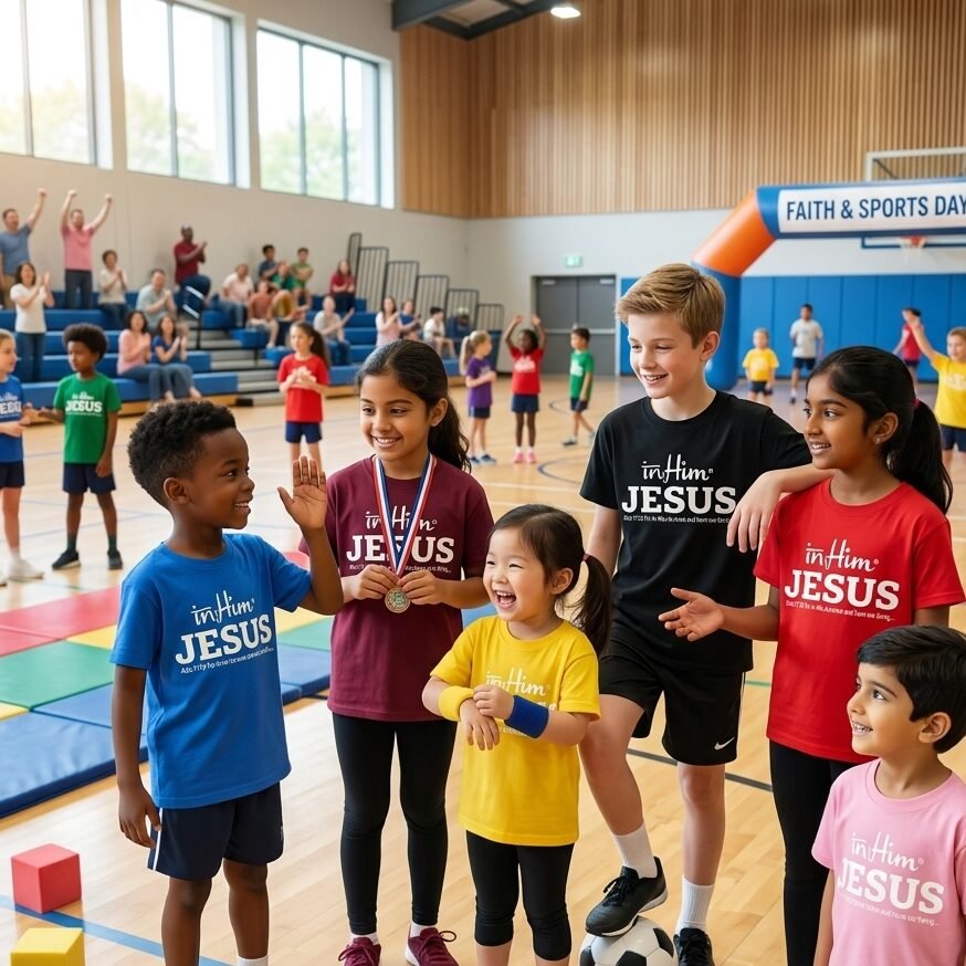 In-Him®-Jesus-Acts17v28-Registered Trademark Design, White-font on various colour-Kids-Promo -T-Shirts-Round-Neck - mockup