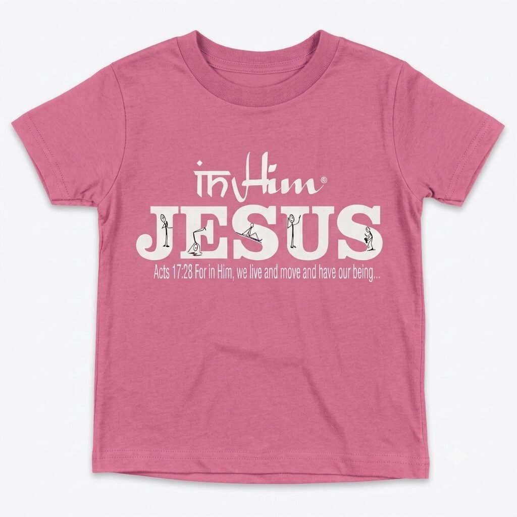 In-Him®-Jesus-Acts17v28-Registered Trademark Design, White-font on Pink-Kids-Promo -T-Shirt-Round-Neck