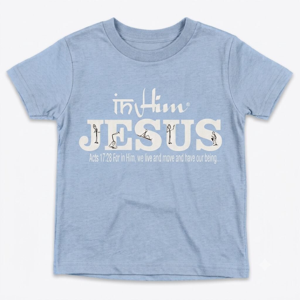 In-Him®-Jesus-Acts17v28-Registered Trademark Design, White-font on Powder Blue-Kids-Promo -T-Shirt-Round-Neck