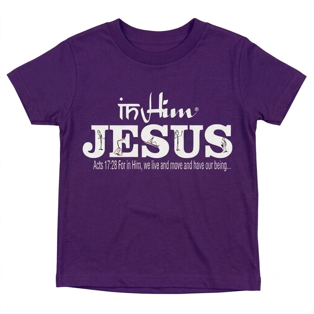 In-Him®-Jesus-Acts17v28-Registered Trademark Design, White-font on Purple-Kids-Promo -T-Shirt-Round-Neck