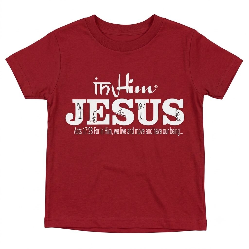 In-Him®-Jesus-Acts17v28-Registered Trademark Design, White-font on Red-Kids-Promo -T-Shirt-Round-Neck