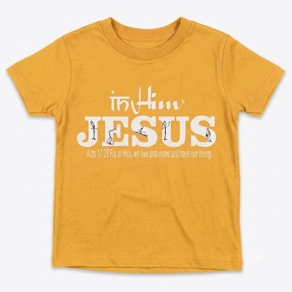 In-Him®-Jesus-Acts17v28-Registered Trademark Design, White-font on Yellow-Kids-Promo -T-Shirt-Round-Neck