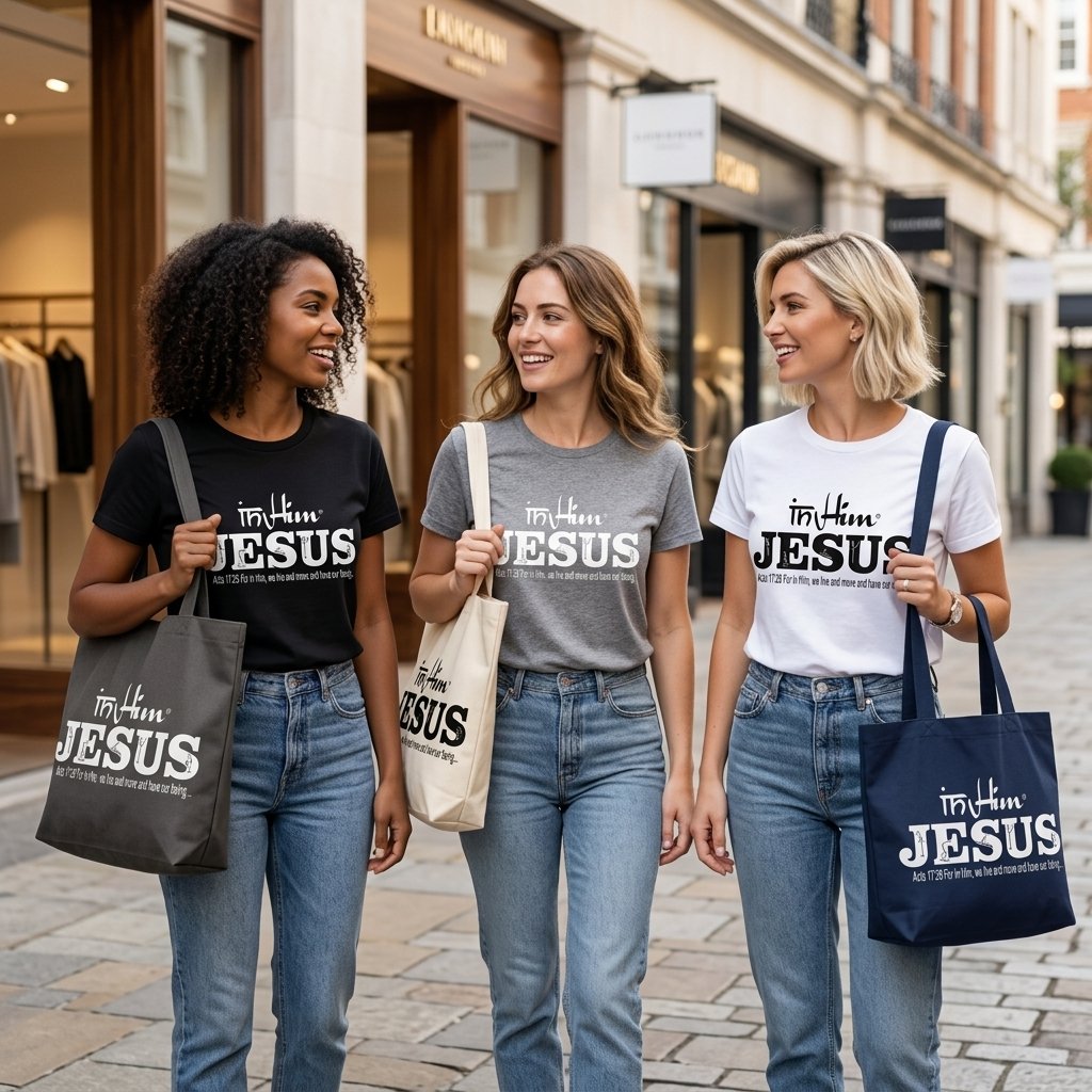 In Him® Jesus - Acts 17v28 - Signature Collection Accessories Tote Bag - Shopping Mockup (Informative and Decorative)