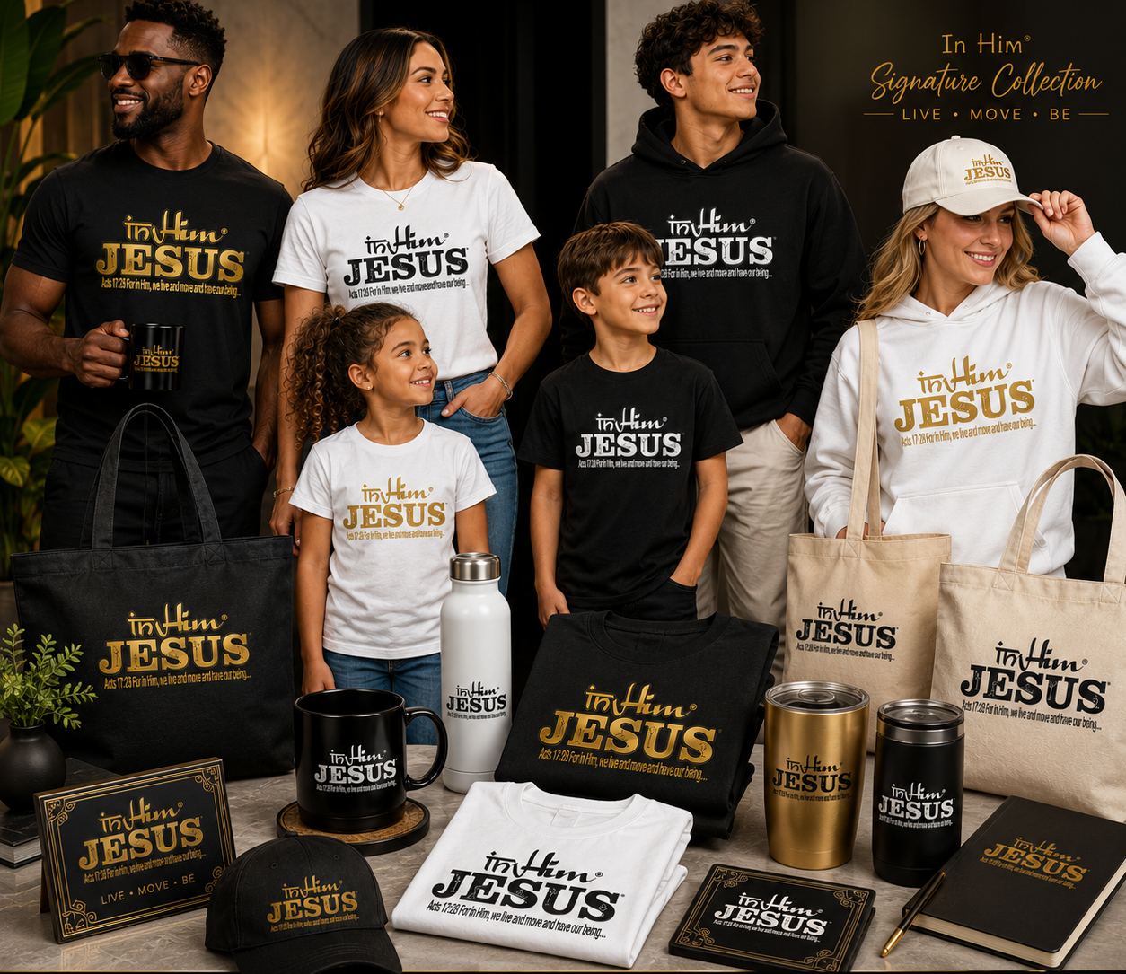 In Him® Signature Collection displayed on various products (Informative & Decorative)