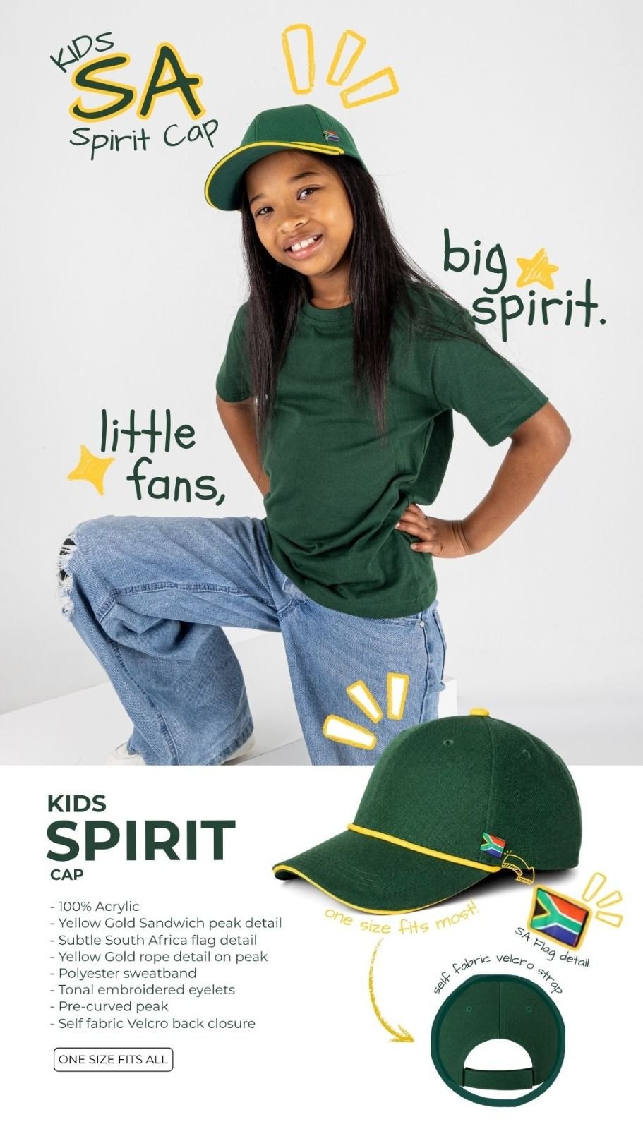 Kids SA Spirit Cap proudly worn by a fan with product description detail (Informative - product)