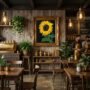 Turn by René Tesner Art©, a vibrant yellow sunflower with green leaves and stem against a dark background, symbolising turning to face the Son on a coffee shop wall -product