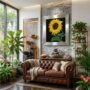Turn by René Tesner Art©, a vibrant yellow sunflower with green leaves and stem against a dark background, symbolising turning to face the Son on a wall -product