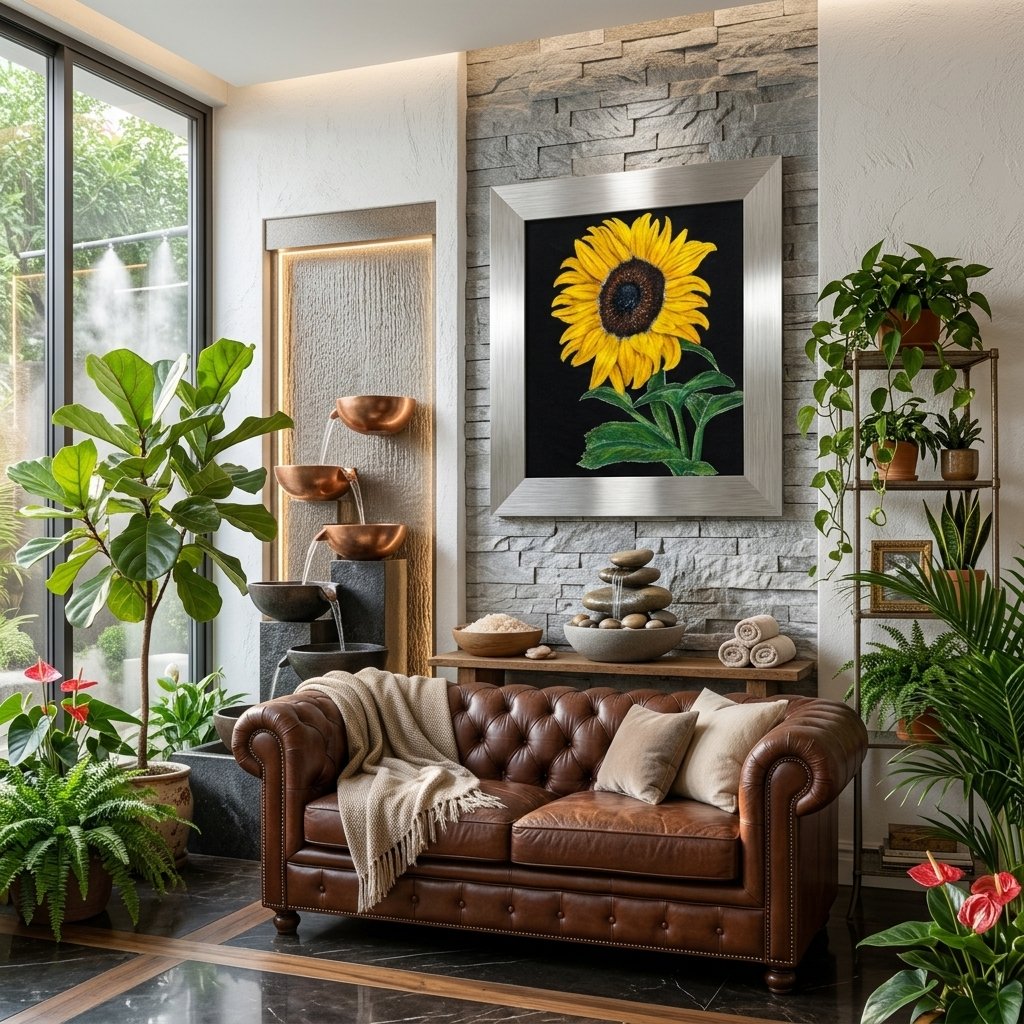 Turn by René Tesner Art©, a vibrant yellow sunflower with green leaves and stem against a dark background, symbolising turning to face the Son on a wall -product