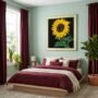 Turn by René Tesner Art©, a vibrant yellow sunflower with green leaves and stem against a dark background, symbolising turning to face the Son on a bedroom wall -product