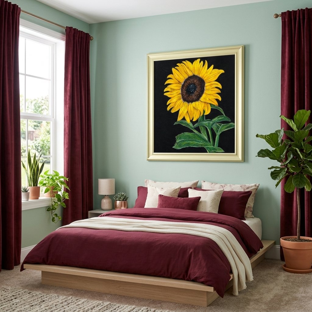 Turn by René Tesner Art©, a vibrant yellow sunflower with green leaves and stem against a dark background, symbolising turning to face the Son on a bedroom wall -product