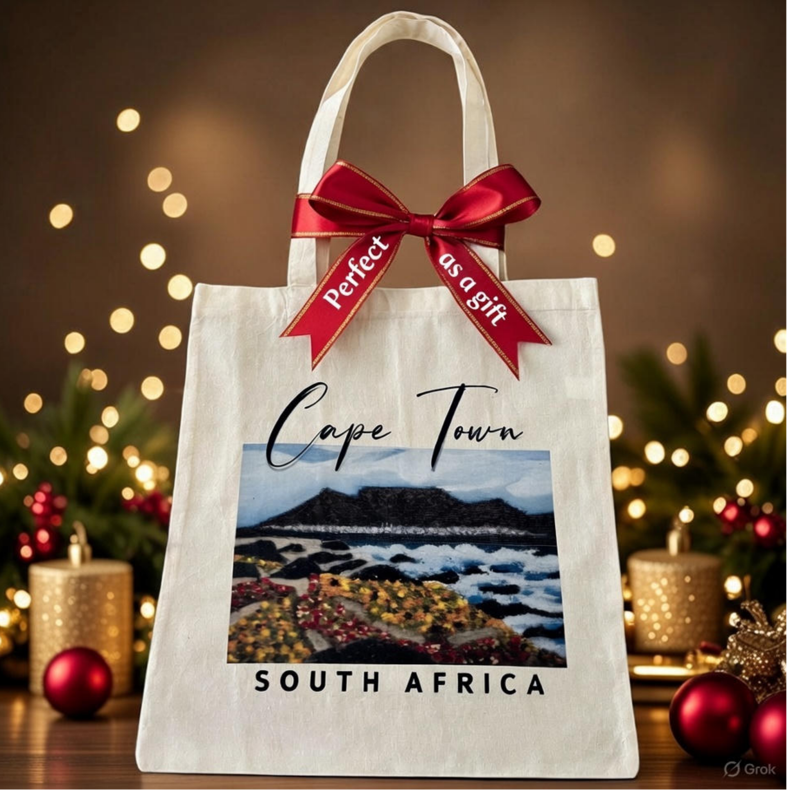 Beige Graphic Tote Bag with a view of Table Mountain fromBlaauwberg Beach with sand dunes and flora as well as the vastness of the Atlantic Ocean in Cape Town, South Africa - Tabletop Serenity by René Tesner - Product (Informative)