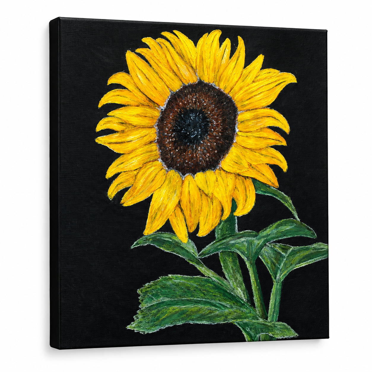 Turn by René Tesner Art©, a vibrant yellow sunflower with green leaves and stem against a dark background, symbolising turning to face the Son.